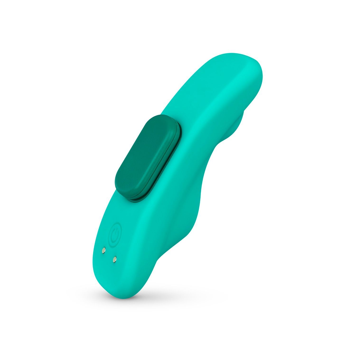Produit de bien-être turquoise avec bouton vert et deux petites lumières.