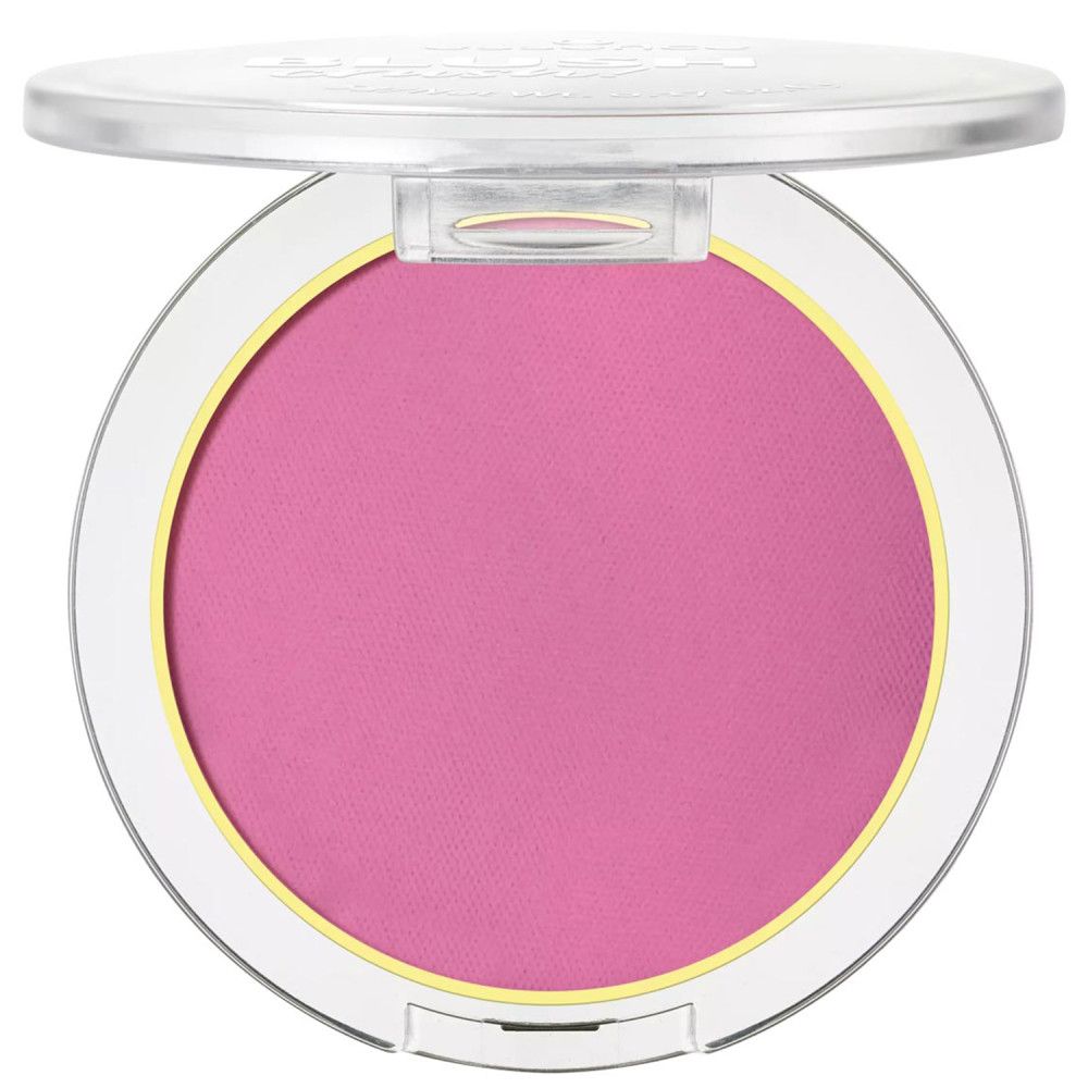 Roze blush in een ronde, transparante verpakking met klapdeksel. Gele rand rond de blush.