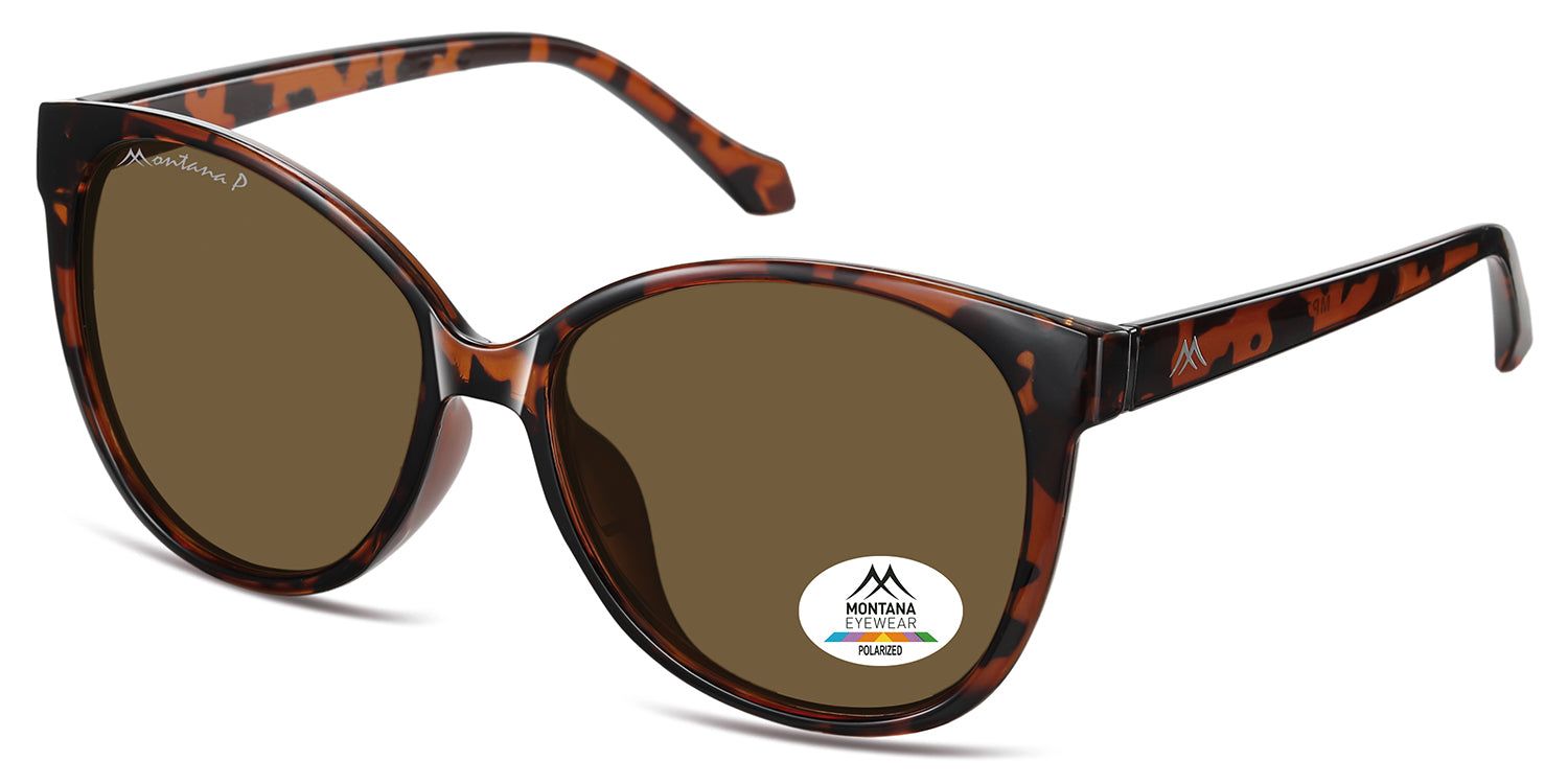 Lunettes de soleil marron avec monture marron. "Montana P" sur la monture. Autocollant "Montana Eyewear Polarized" sur une lentille.