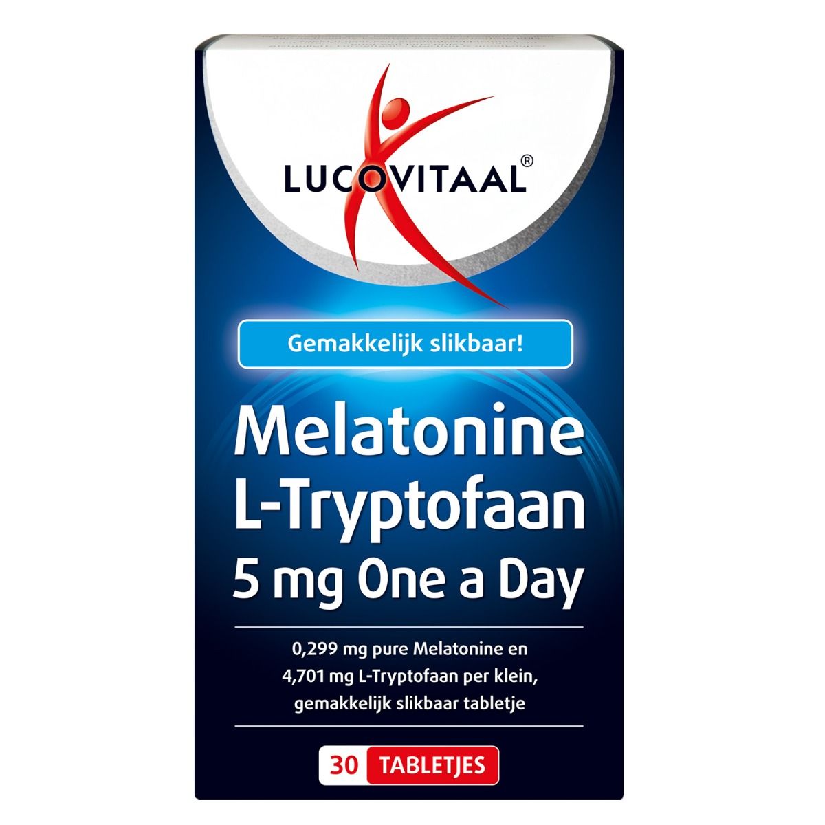 Verpakking van Lucovitaal Melatonine L-Tryptofaan. Blauwe doos met productnaam en dosering. 30 tabletten.