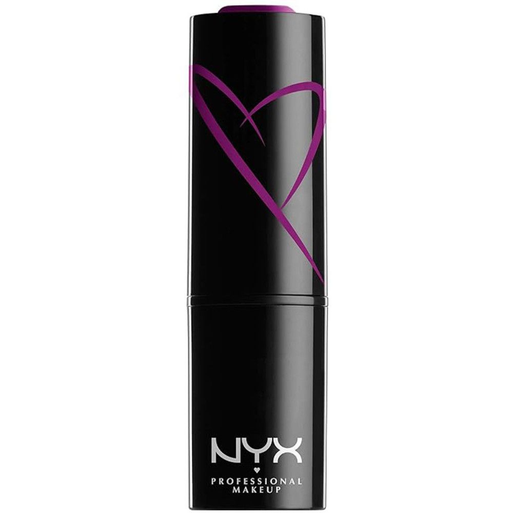 Tube de rouge à lèvres noir avec un motif de cœur violet et le logo "NYX" en bas.