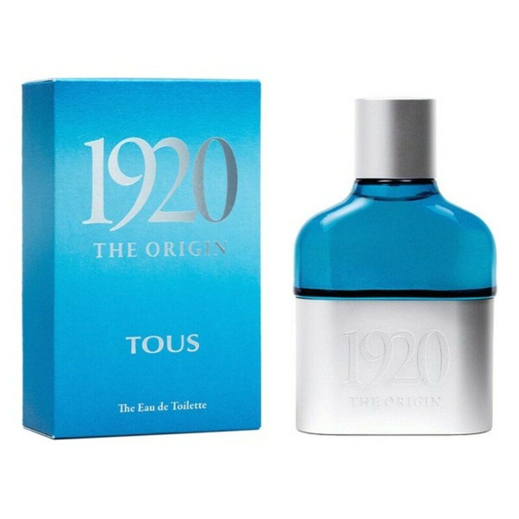 Spray Eau de Toilette et emballage. Flacon avec bouchon argenté et base blanche. Liquide bleu. Emballage bleu avec texte argenté.
