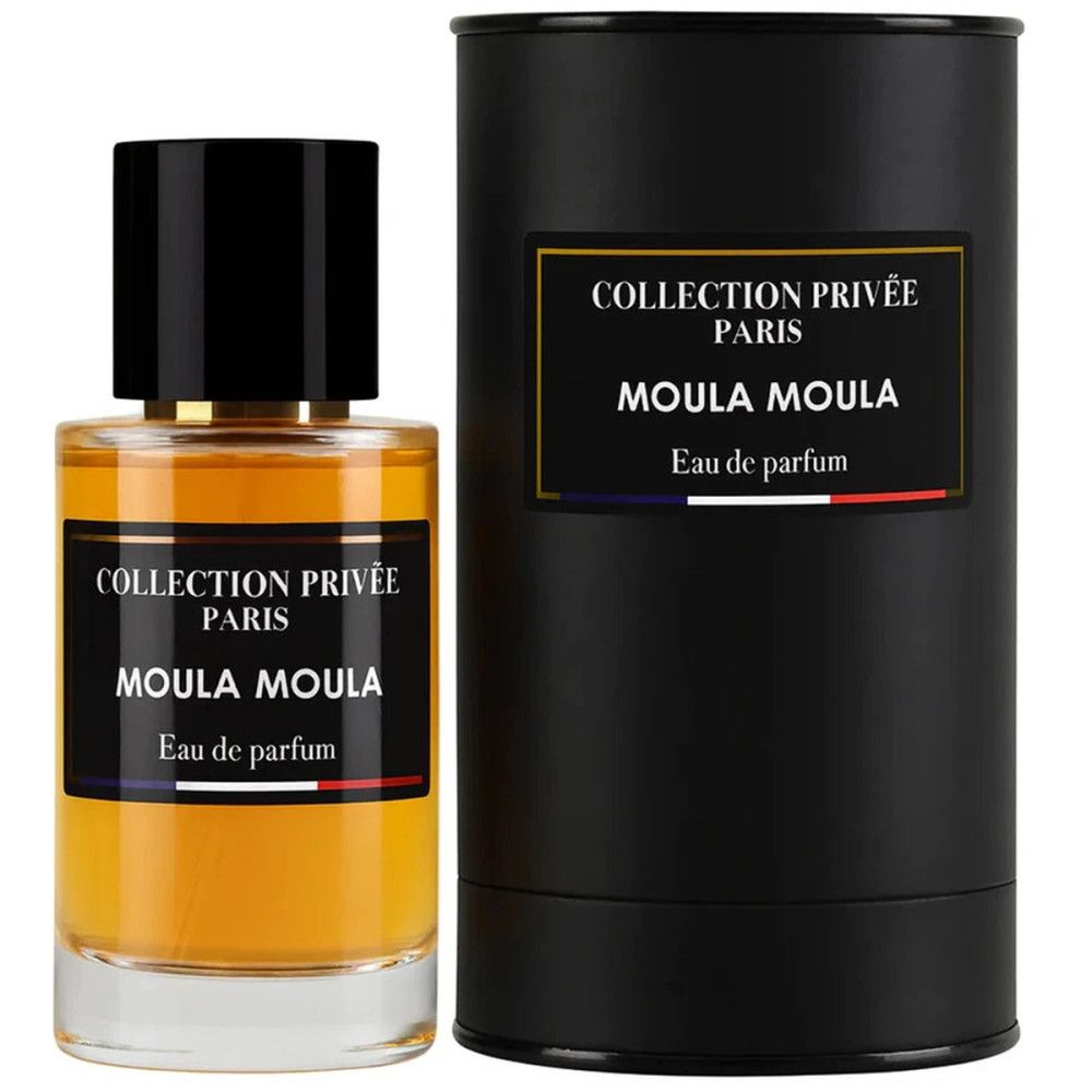 Flacon de parfum et emballage noir. Inscription: Collection Privée Paris, Moula Moula, Eau de parfum. Drapeau français.