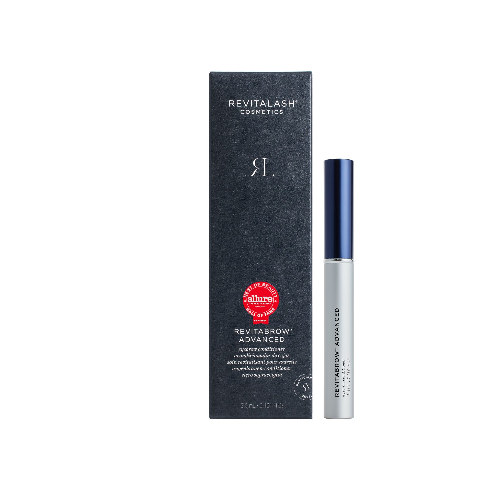 Productverpakking en tube. Zwarte verpakking met productnaam en logo. Tube met blauwe dop en zilveren body.