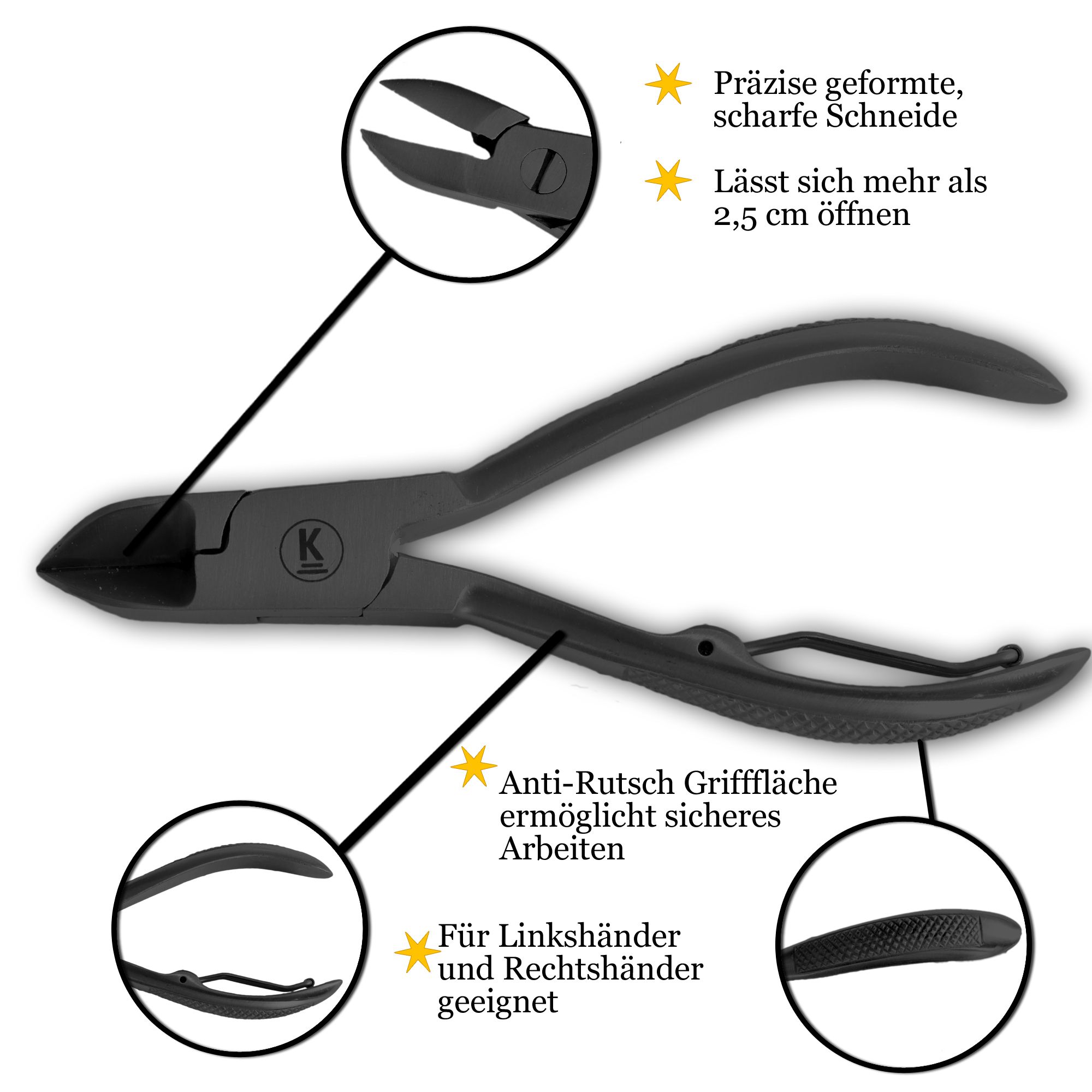 Roestvrijstalen nagelknipper met annotaties: scherpe snede, 2,5 cm opening, anti-slip grip, voor links-/rechtshandigen.