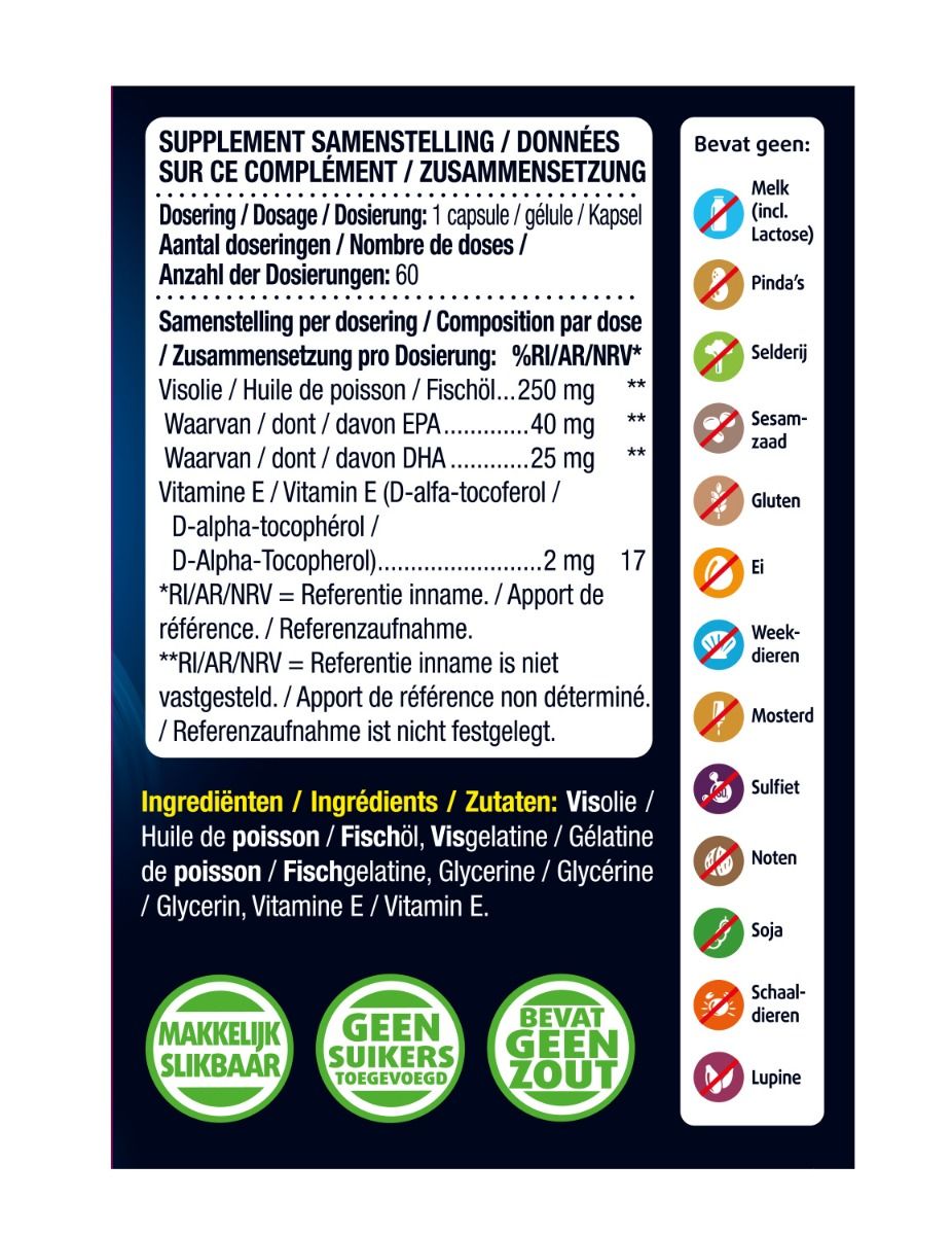 Achterkant van de verpakking met voedingswaarde en ingrediënten. Bevat informatie over dosering, ingrediënten en allergenen.