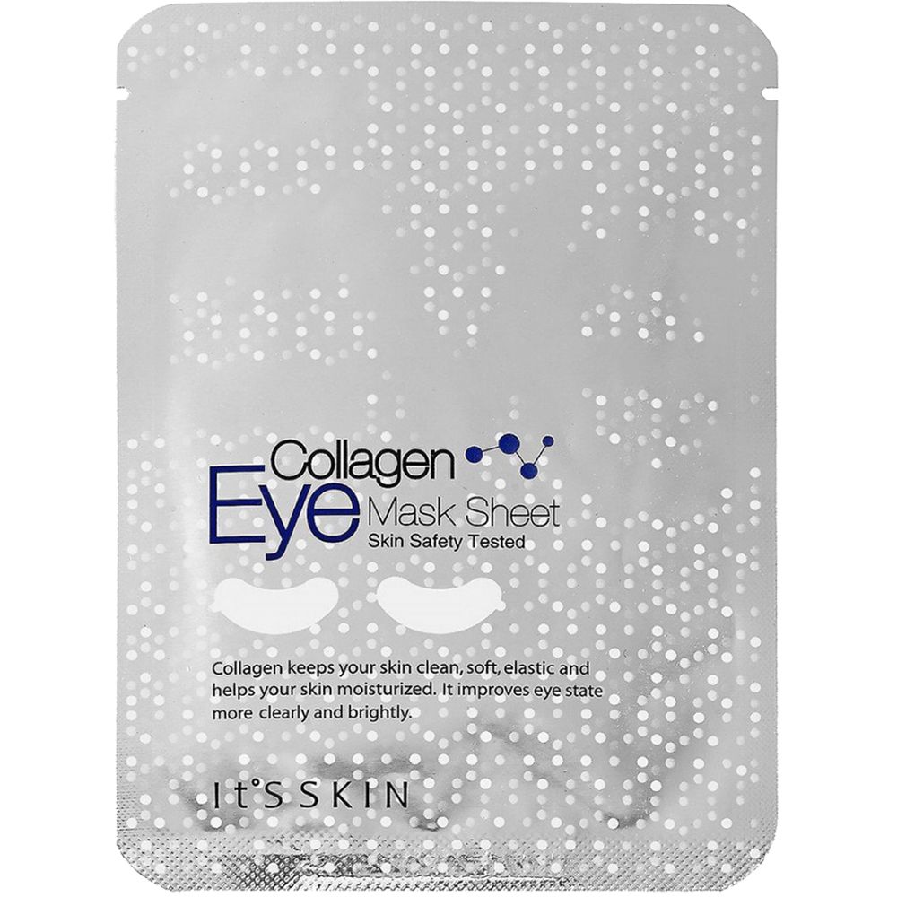 Emballage de masque pour les yeux. Inscription: Collagen Eye Mask Sheet. Marque: It's Skin. Fond à pois.