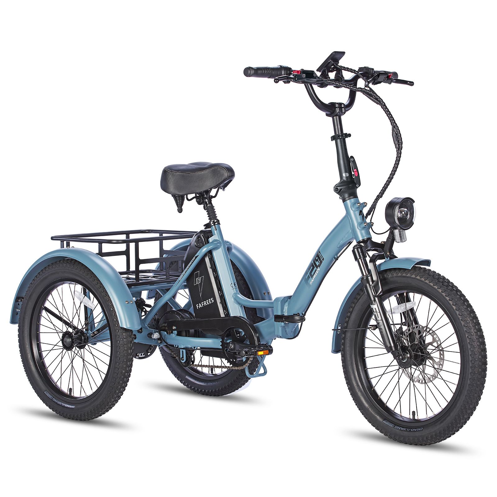 Tricycle électrique pliable Fafrees F20 Mate bleu. Pneus noirs, porte-bagages, phare. Boîtier batterie avec logo.