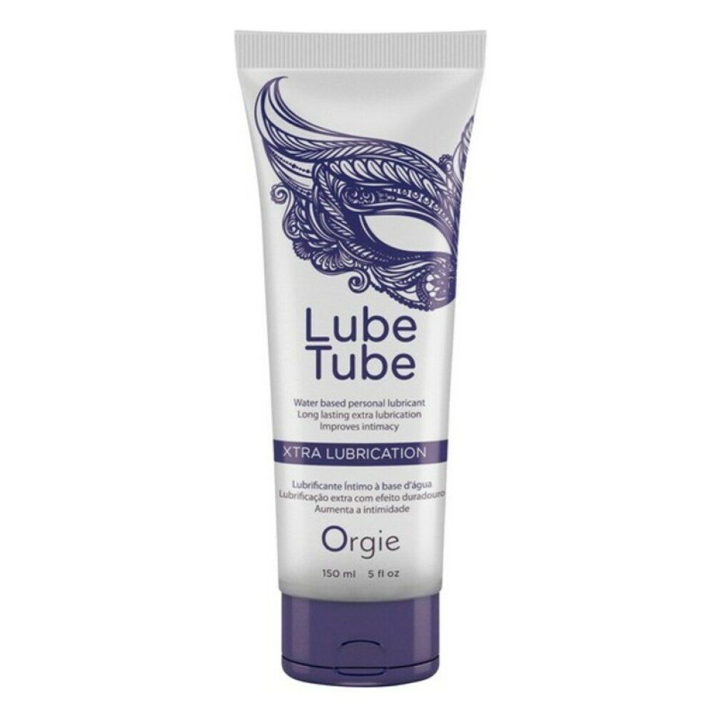 Tube "Lube Tube". Texte : "XTRA LUBRICATION". Marque "Orgie". Bouchon violet. Design de masque.