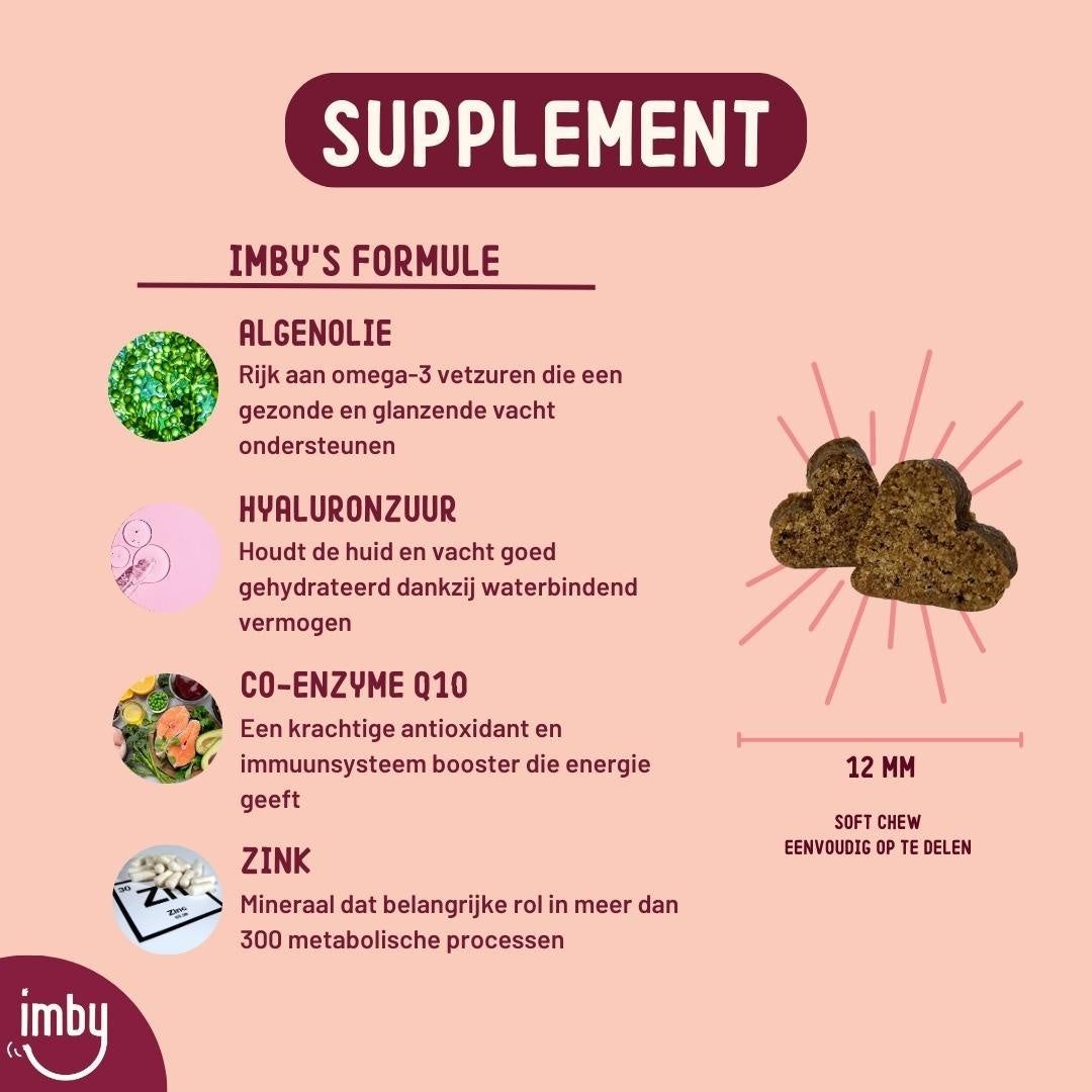 Formule de supplément Imby : Huile d'algues, acide hyaluronique, coenzyme Q10, zinc.