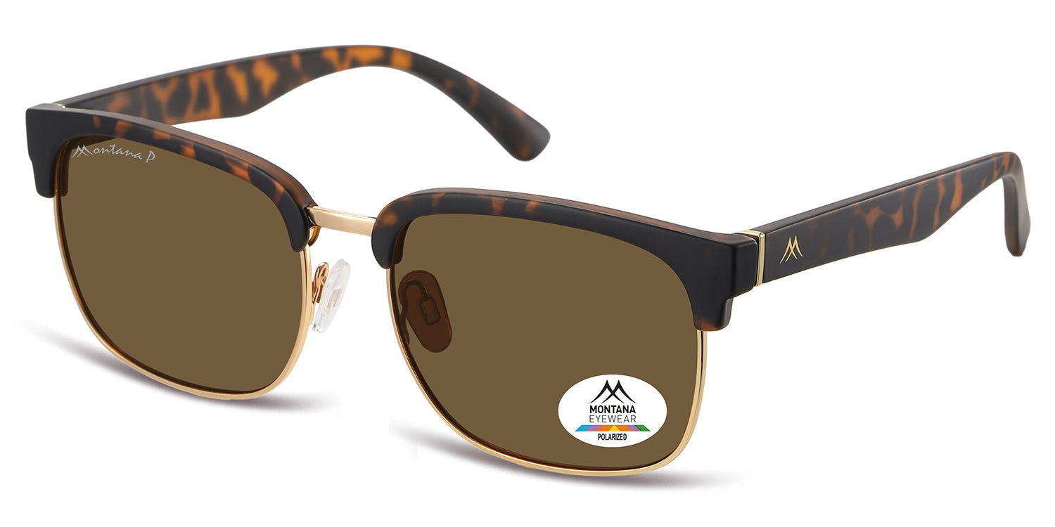 Zonnebril met bruine glazen en goudkleurig montuur. Zwart bovenframe met schildpadmotief. Montana Eyewear logo op het glas.