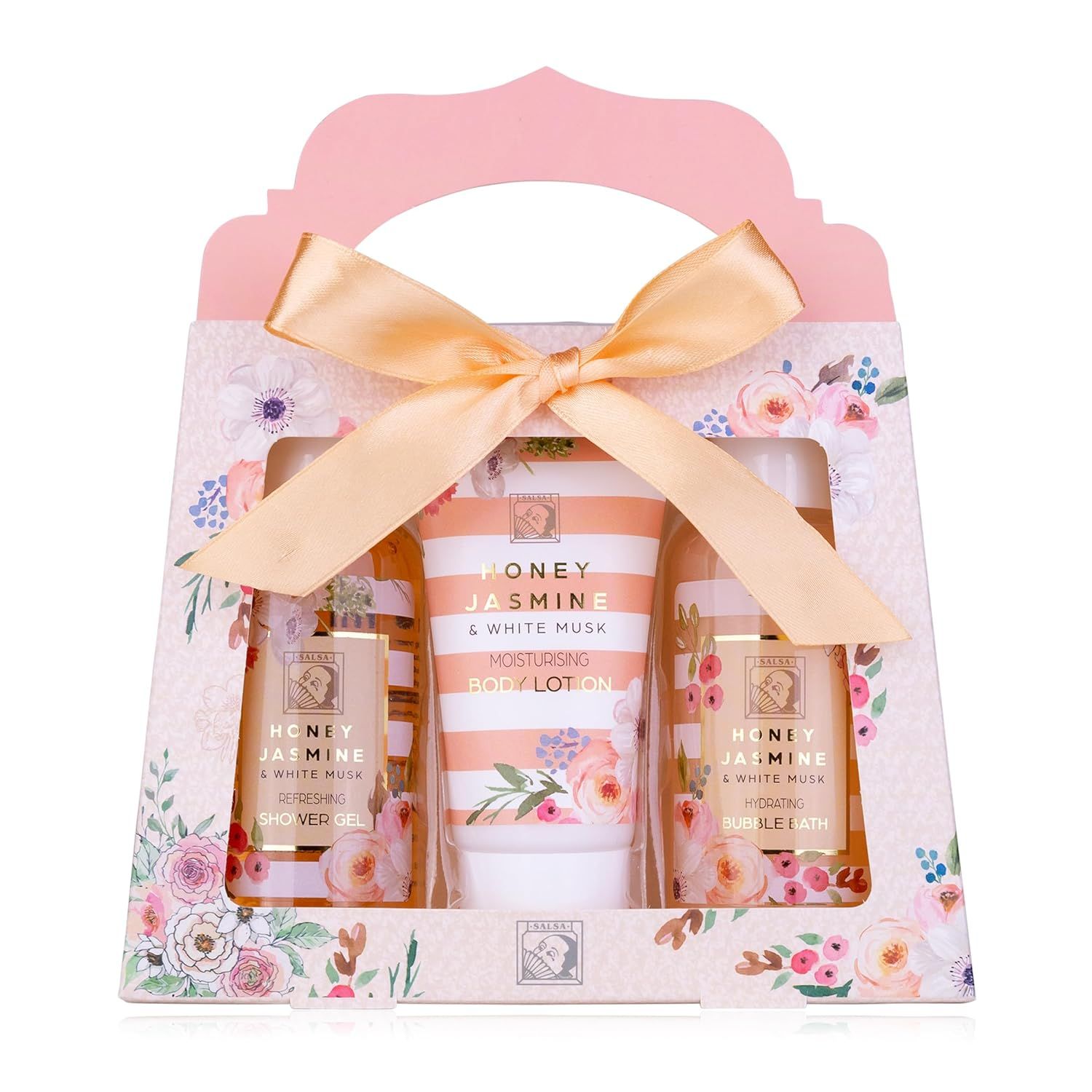 Cadeaudoos met drie producten: douchegel, badschuim en bodylotion. Opschrift: HONEY JASMINE & WHITE MUSK. Met strik en bloemmotief.