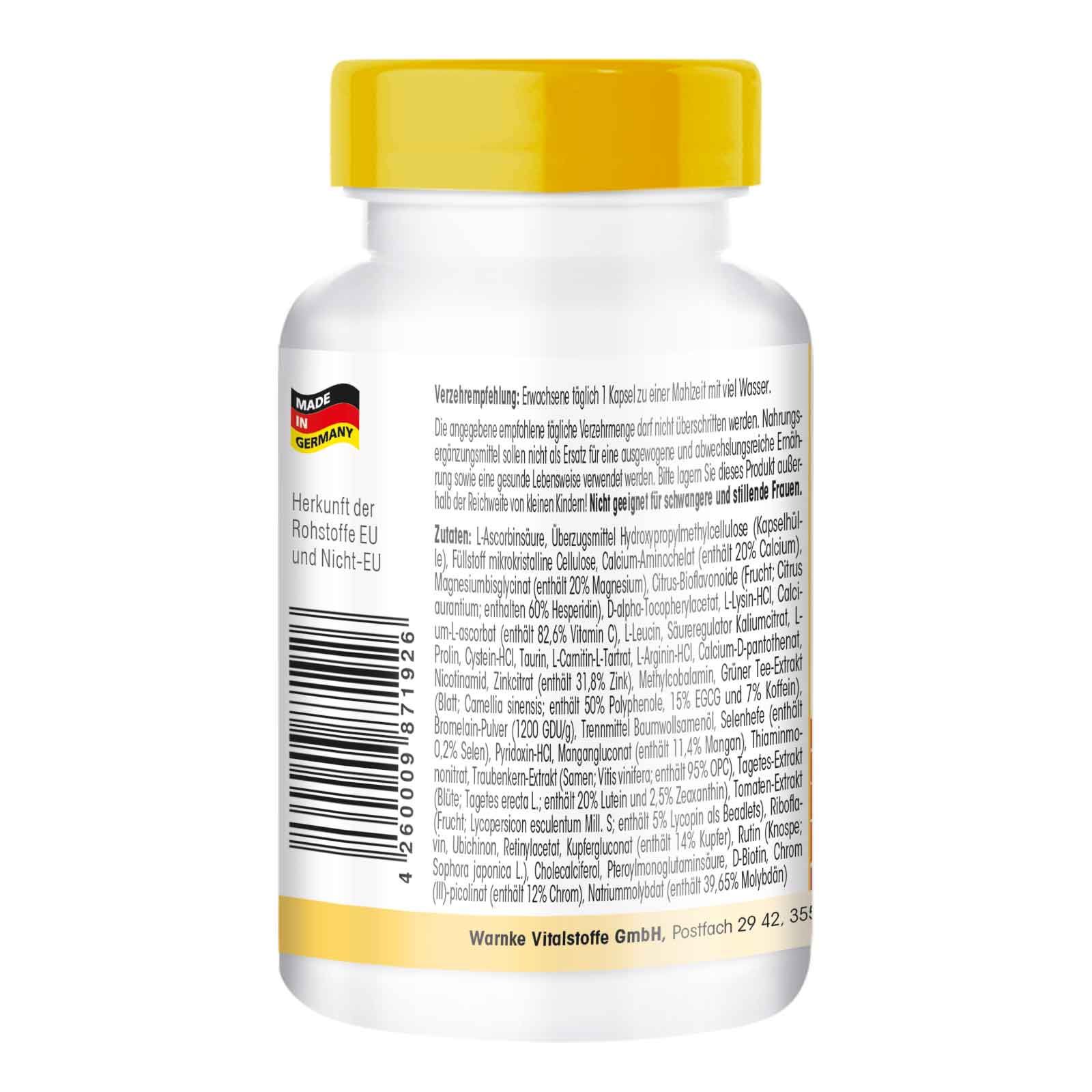 Dos d'un flacon de pilules blanc avec bouchon jaune. Texte: ingrédients, origine UE et non-UE, Fabriqué en Allemagne, code-barres.