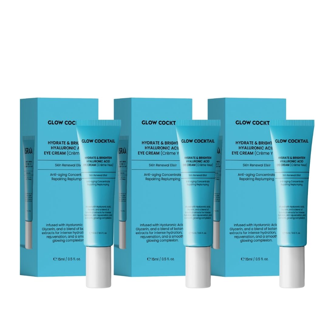 Quatre tubes et quatre boîtes. Inscription : Glow Cocktail, Hydrate & Brighten Hyaluronic Acid Eye Cream. Emballage bleu clair.