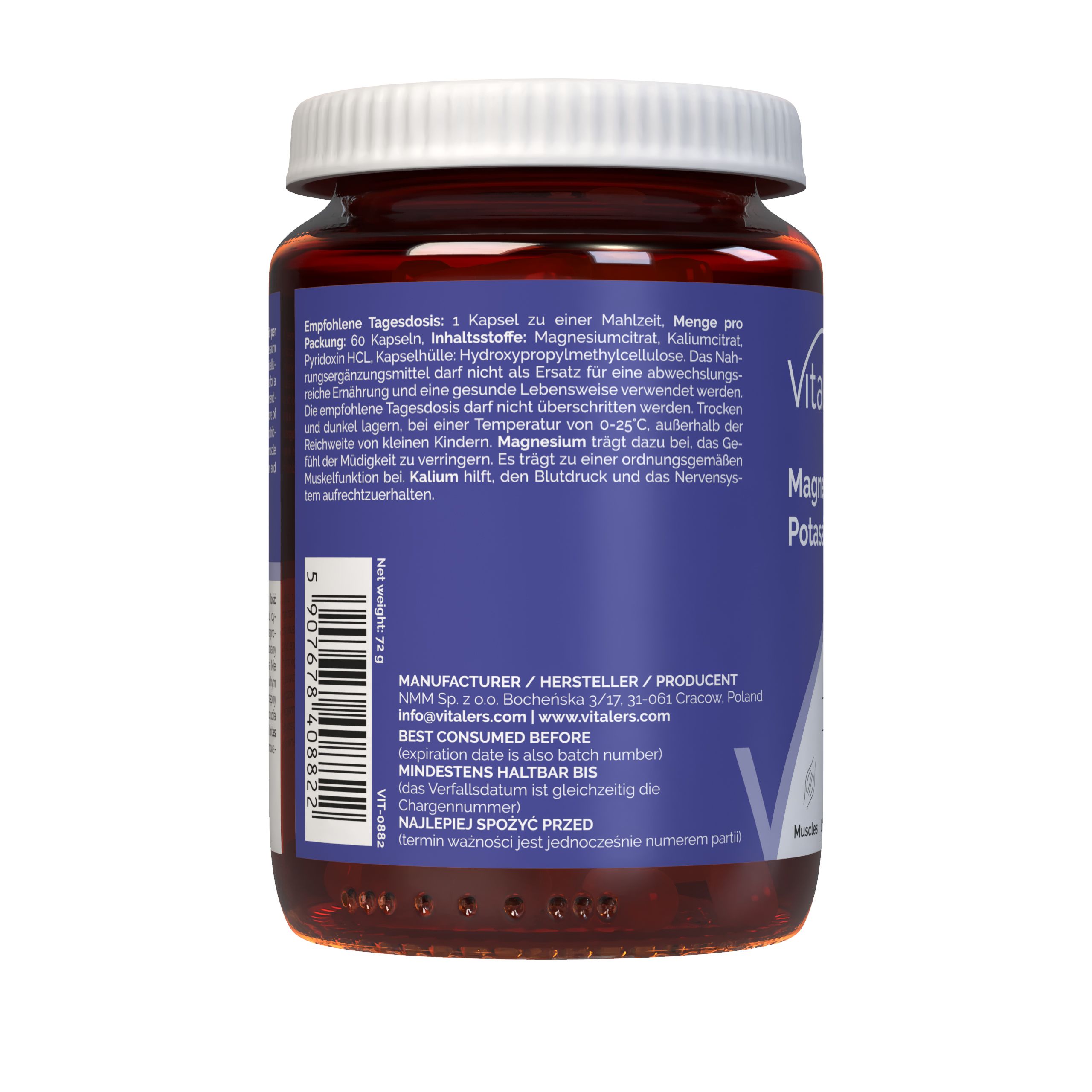 Achterkant van het Vitaler's Magnesium + Kalium + B6 potje met informatie over fabrikant en houdbaarheidsdatum.