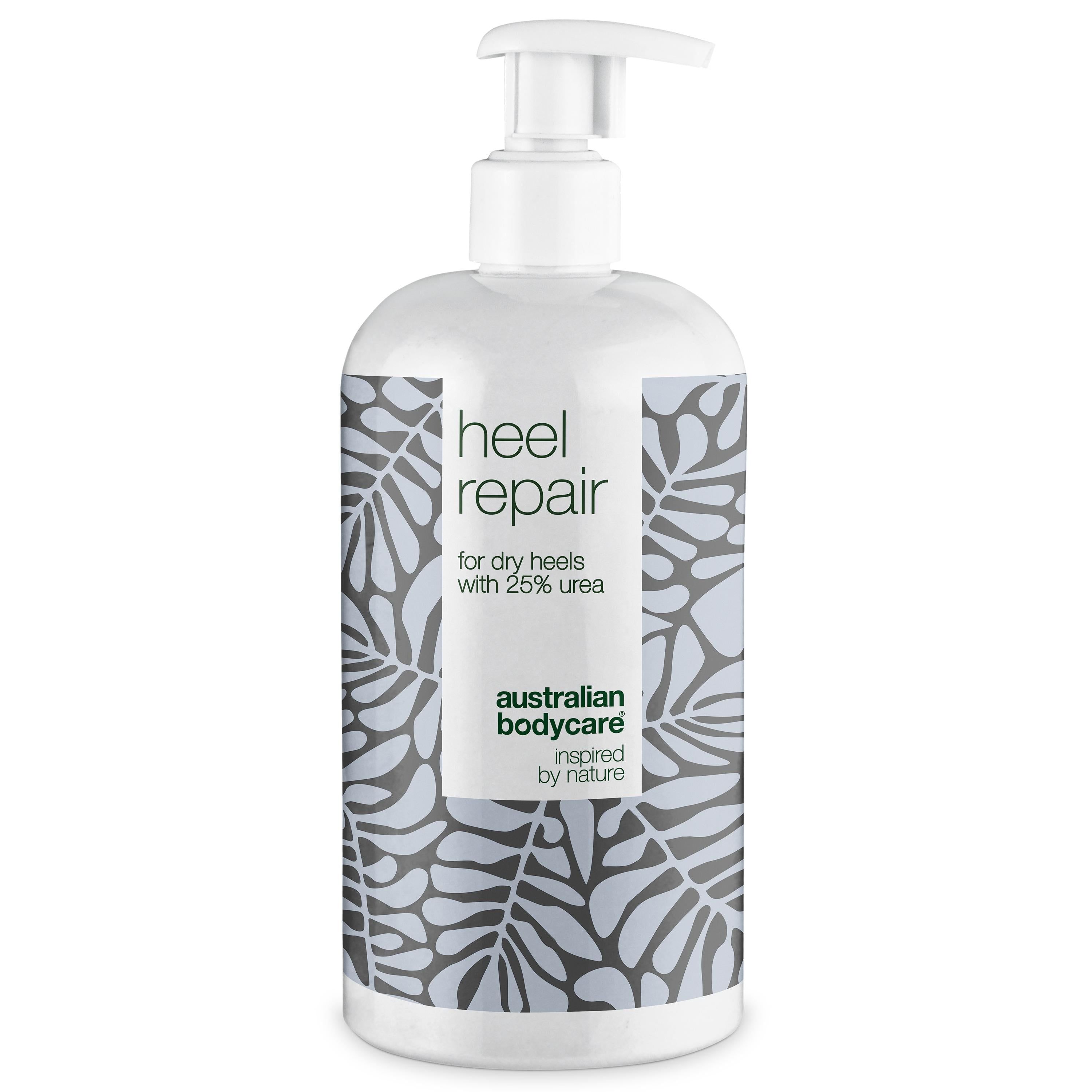Flacon blanc avec pompe. Inscription: Heel Repair, pour talons secs avec 25% d'urée. Marque: Australian Bodycare.