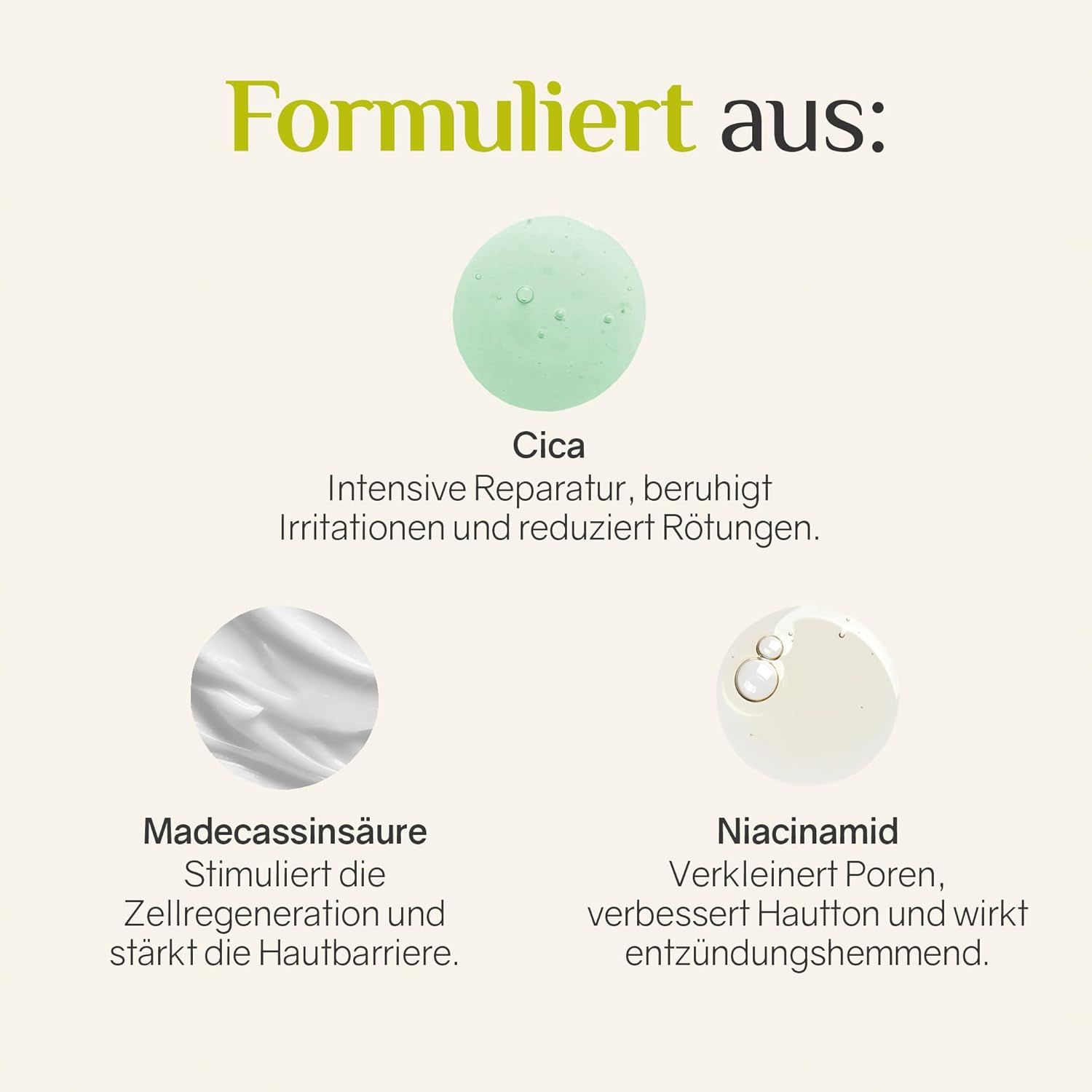 Graphique avec ingrédients : Cica, acide madécassique, niacinamide. Descriptions des ingrédients et de leurs effets sur la peau.