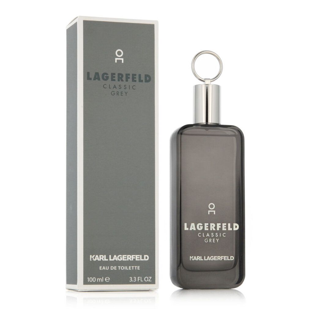 Flacon et boîte gris. Flacon : LAGERFELD CLASSIC GREY. Boîte : KARL LAGERFELD, Eau de Toilette. 100ml 3.3FL.OZ.