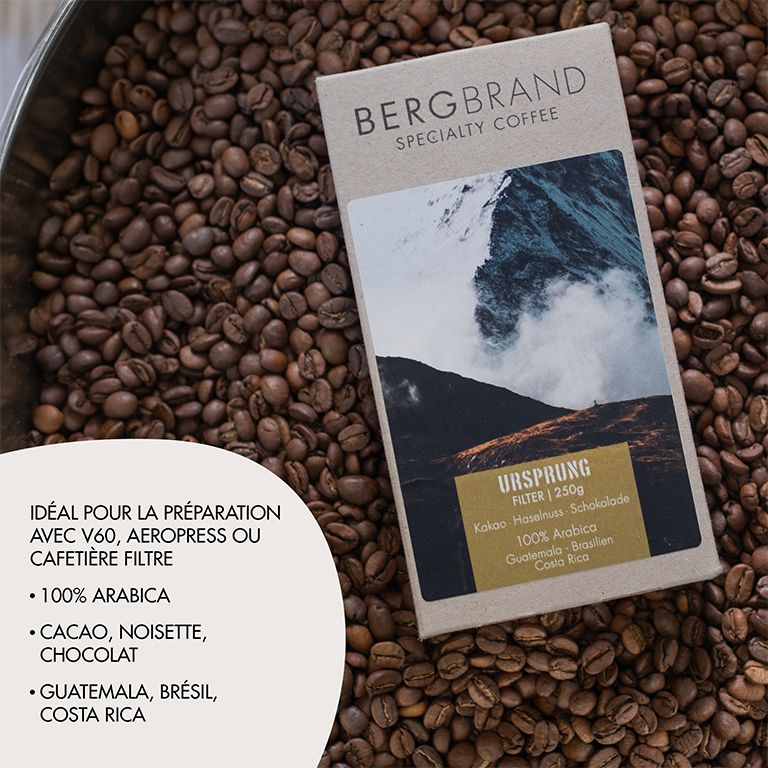 Paquet de café sur des grains de café. Texte : BERGBRAND, Ursprung Filter. Informations sur le produit et ingrédients.
