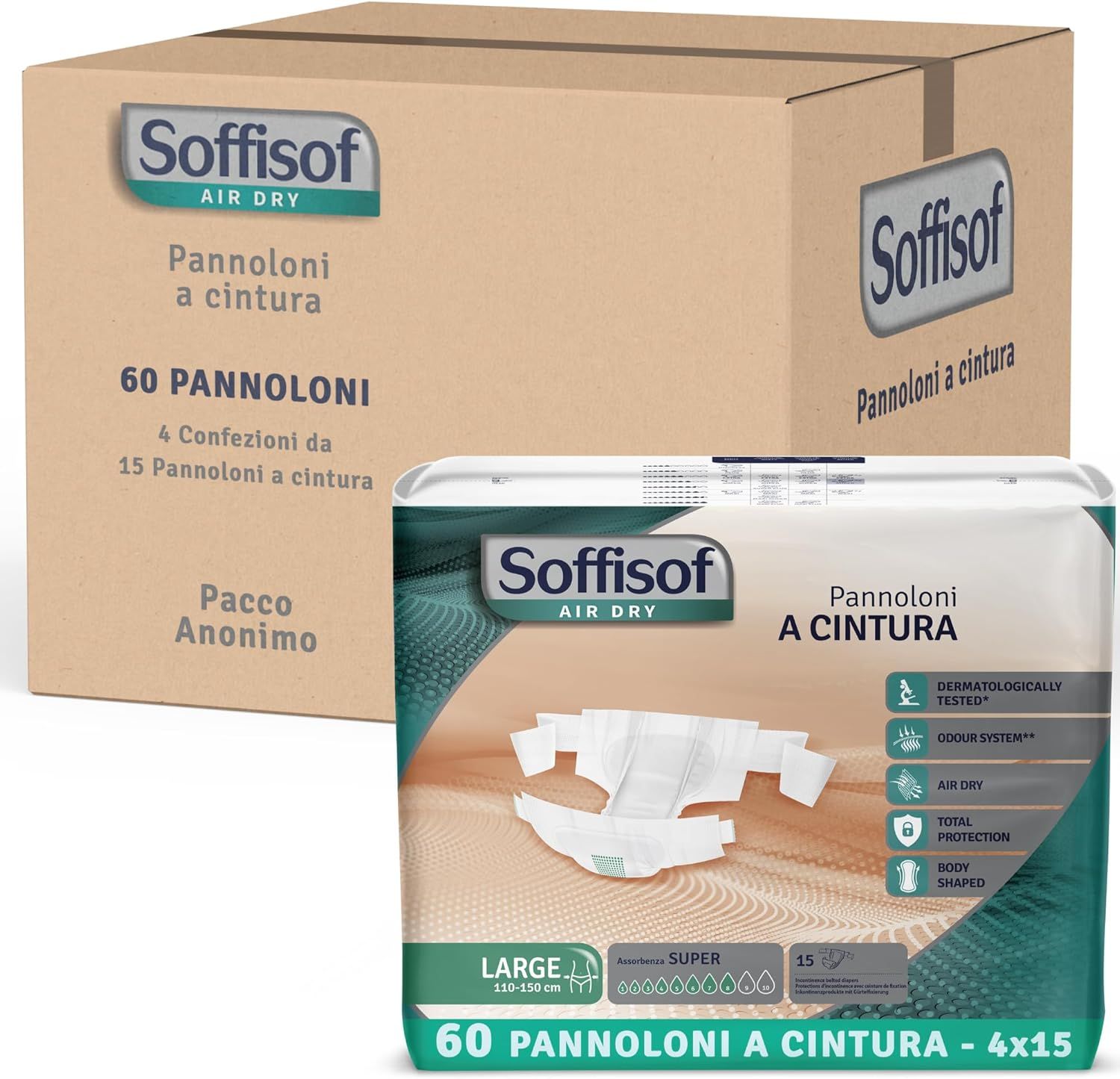 Soffisof incontinentiebroekje met heupband. Verpakking en doos. Productafbeelding: luier met heupband.