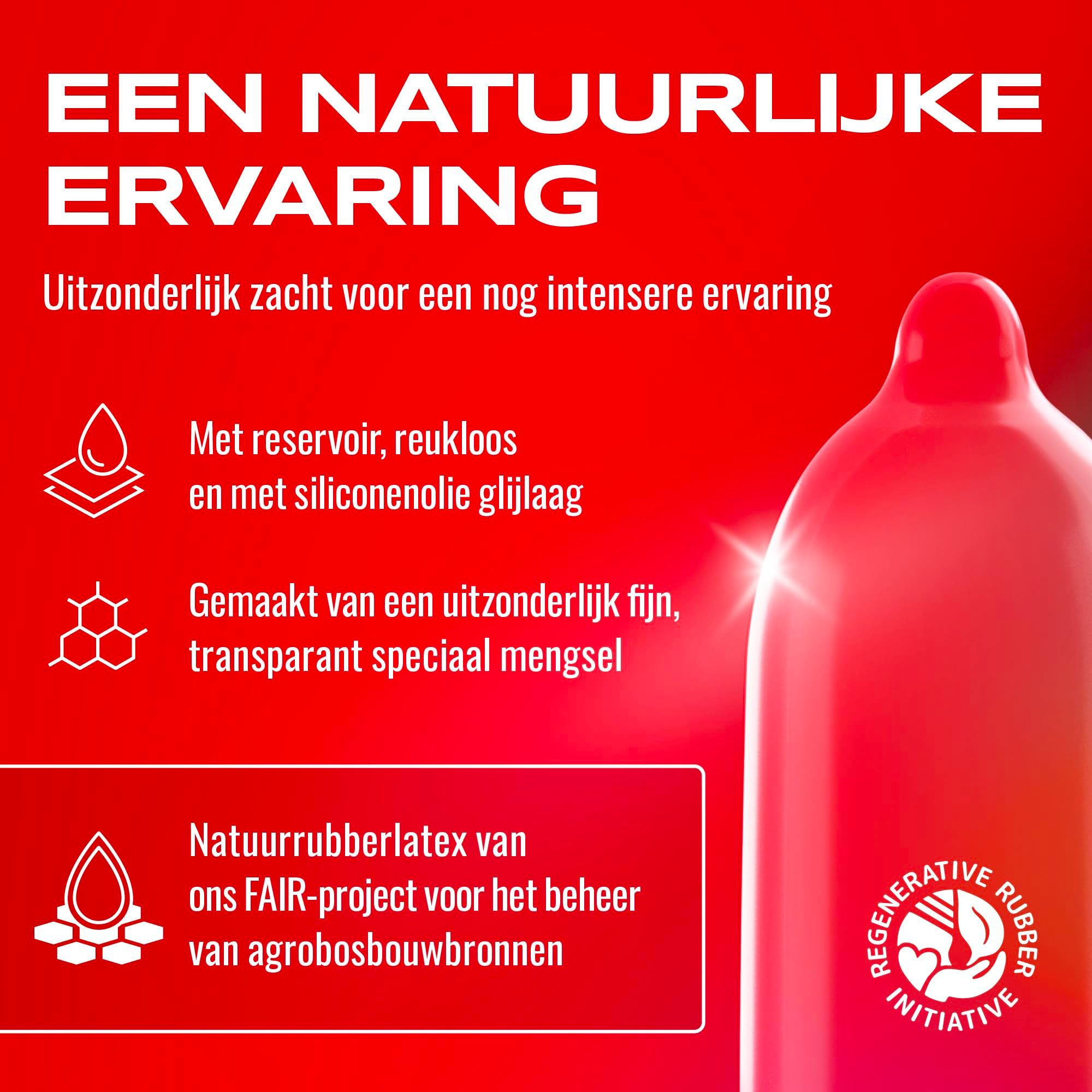 Een transparant condoom met reservoir. Tekst: "Een natuurlijke ervaring".