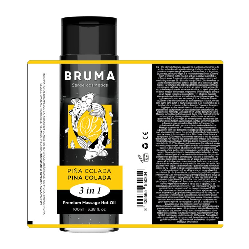 BRUMA 3 in 1 Pina Colada massageolie fles met etiket en productinformatie.