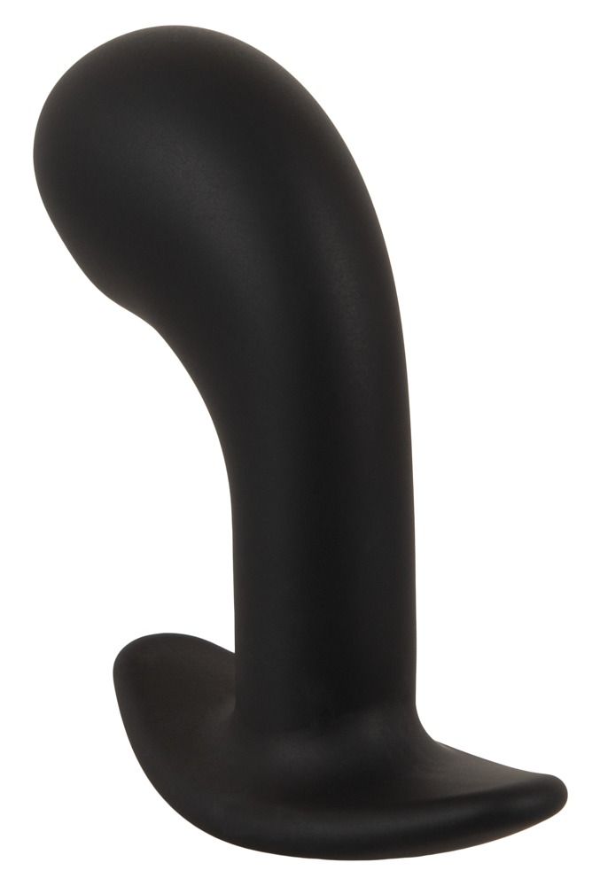 Zwarte prostaat vibrator, schuin van voren gezien. Gebogen punt en brede basis zichtbaar.