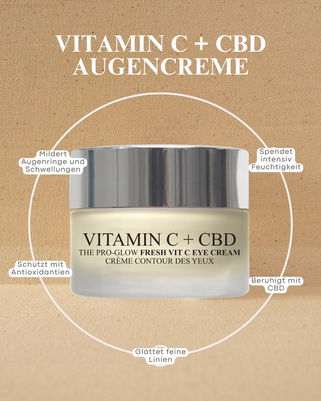 Pot en verre avec couvercle argenté, étiqueté « Vitamin C + CBD ». Entouré de cercles décrivant les avantages du produit en allemand.