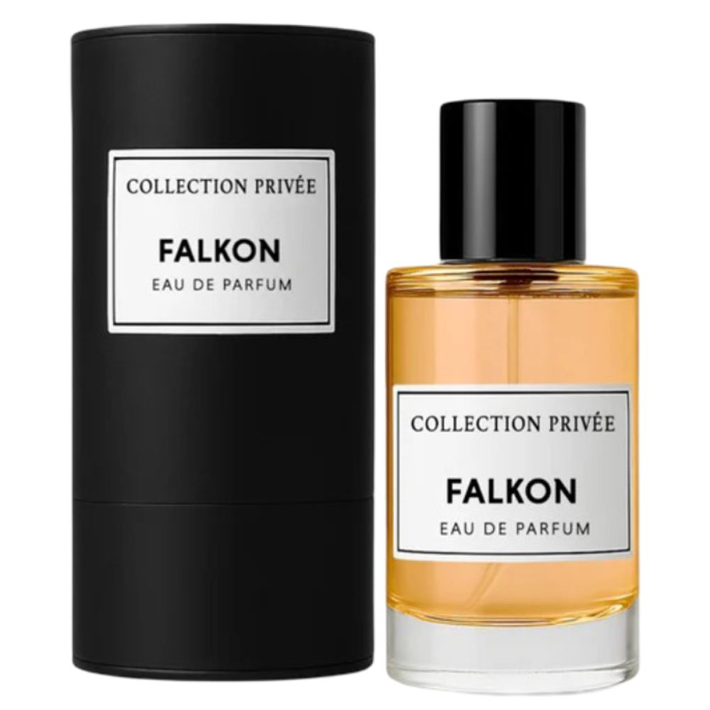 Flacon de parfum et emballage cylindrique. Inscription : Collection Privée, Falkon, Eau de Parfum. Bouchon noir.