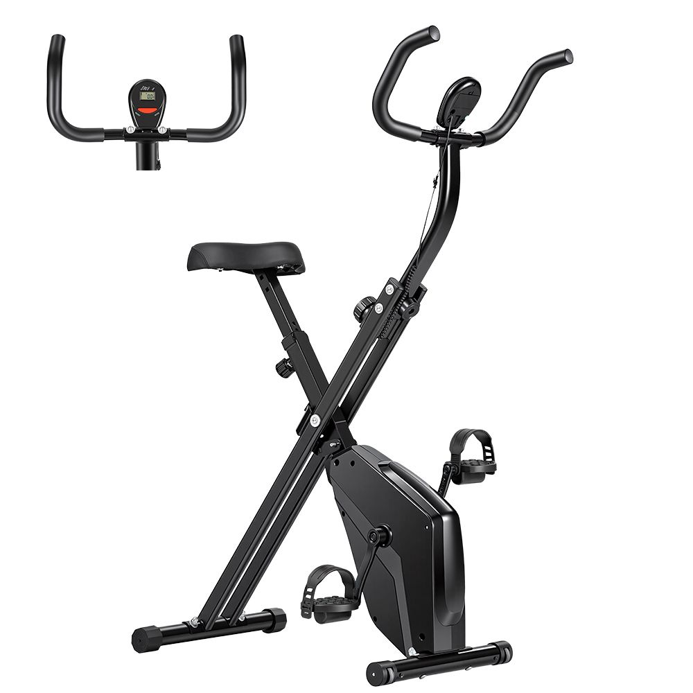 Vélo d'appartement pliable noir. Selle, guidon, pédales et écran. Vue supplémentaire de l'écran.