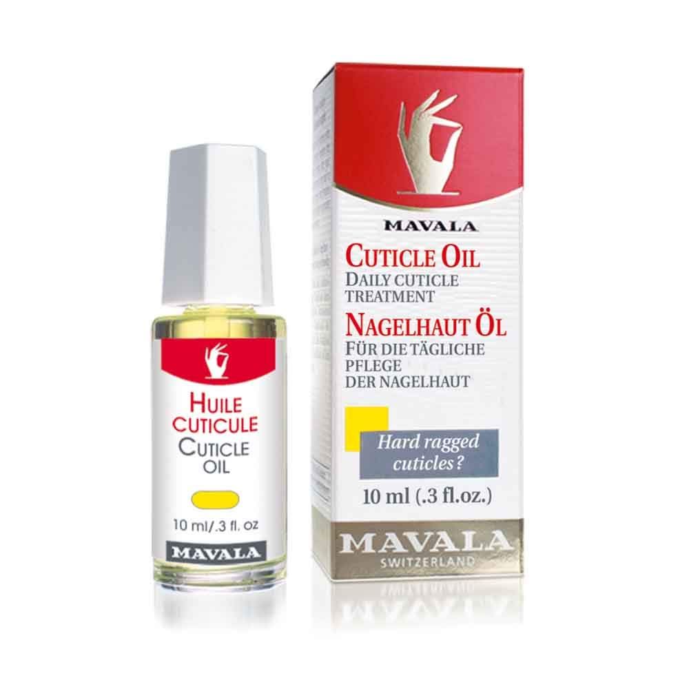 Mavala Cuticle Oil. Fles en verpakking. Fles naast verpakking. Verpakking met productafbeelding en tekst. 10 ml.