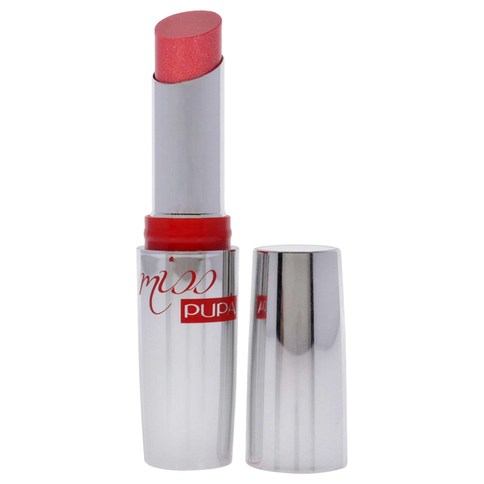 Pupa Miss Pupa Starlight Lipstick, een glanzende roze lipstick in zilveren huls met verwijderde dop.