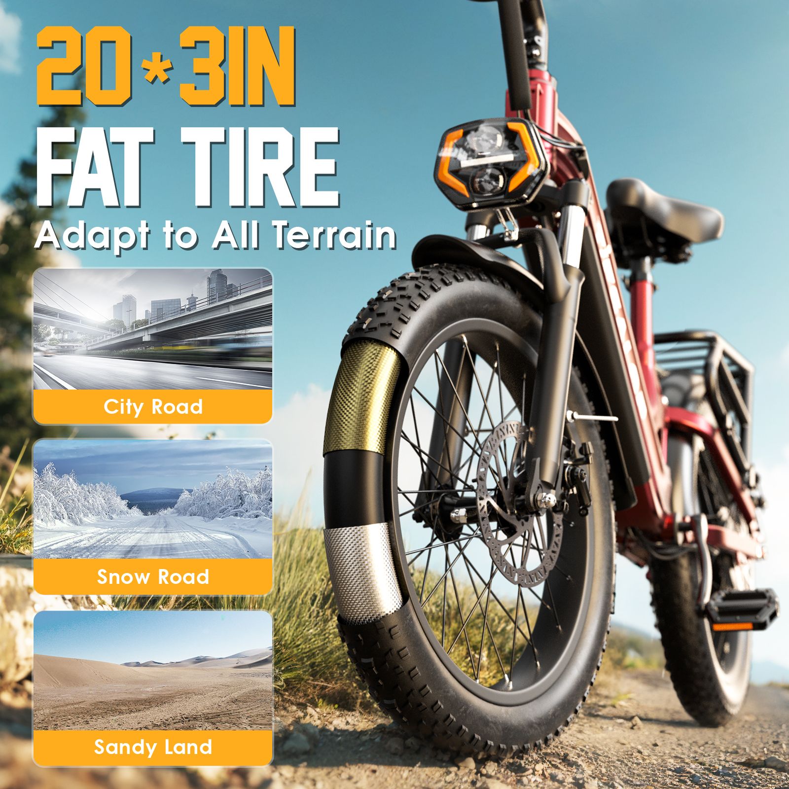 E-bike met brede banden. Tekst: 20*3IN FAT TIRE. Geschikt voor stads-, sneeuw- en zandwegen. Merk TIFGALOP.