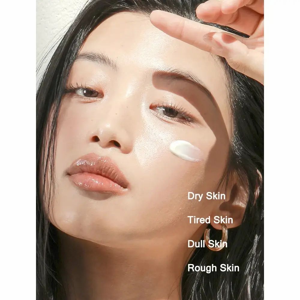 Vrouw met crème op de huid. Tekst: Dry Skin, Tired Skin, Dull Skin, Rough Skin.