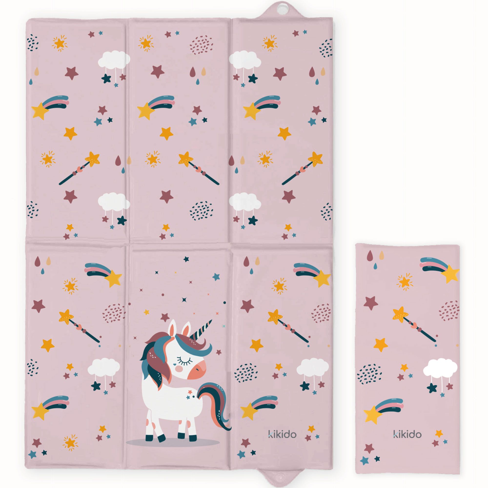 Matelas à langer rose avec licornes et étoiles. Présenté plié et déplié. Logo Kikido.