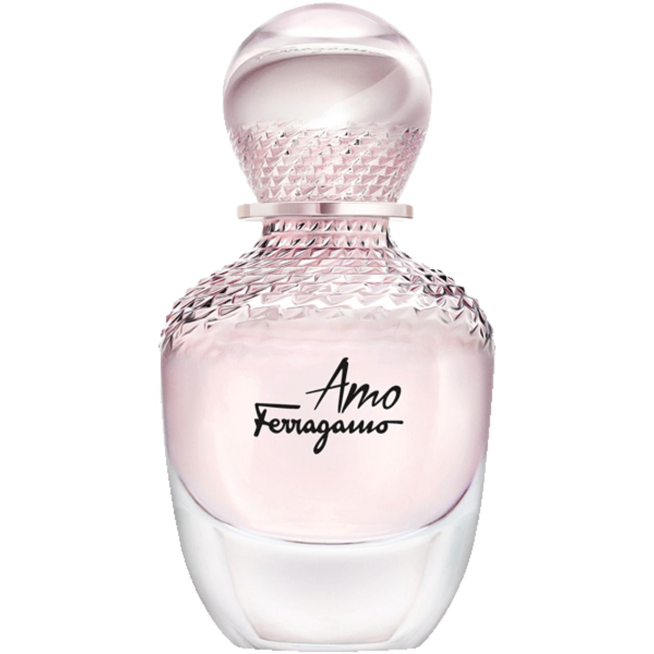 Flacon Salvatore Ferragamo Amo Eau de Parfum avec liquide parfumé rose et col texturé.