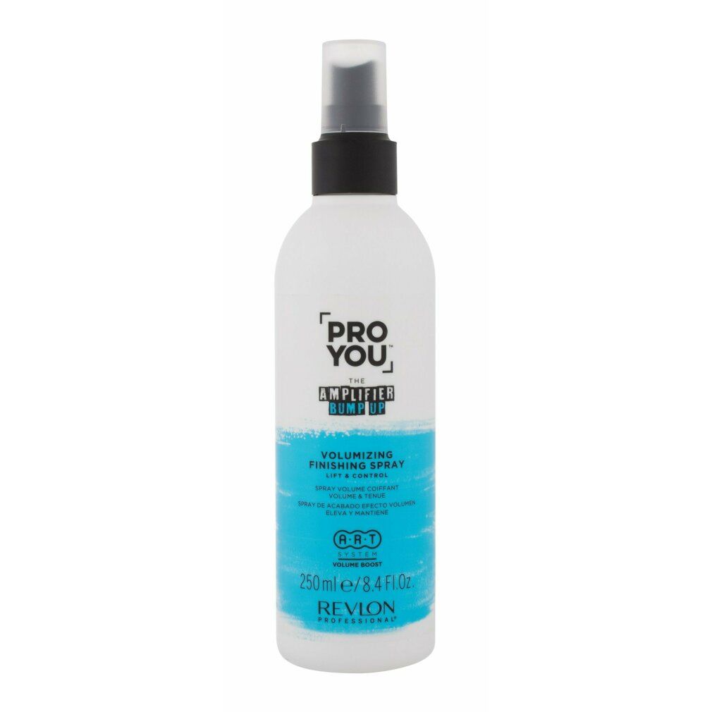 Witte fles met zwarte spraykop. Blauwe tekst: Pro You, Amplifier Bump Up, Volumizing Finishing Spray. Revlon Professional.