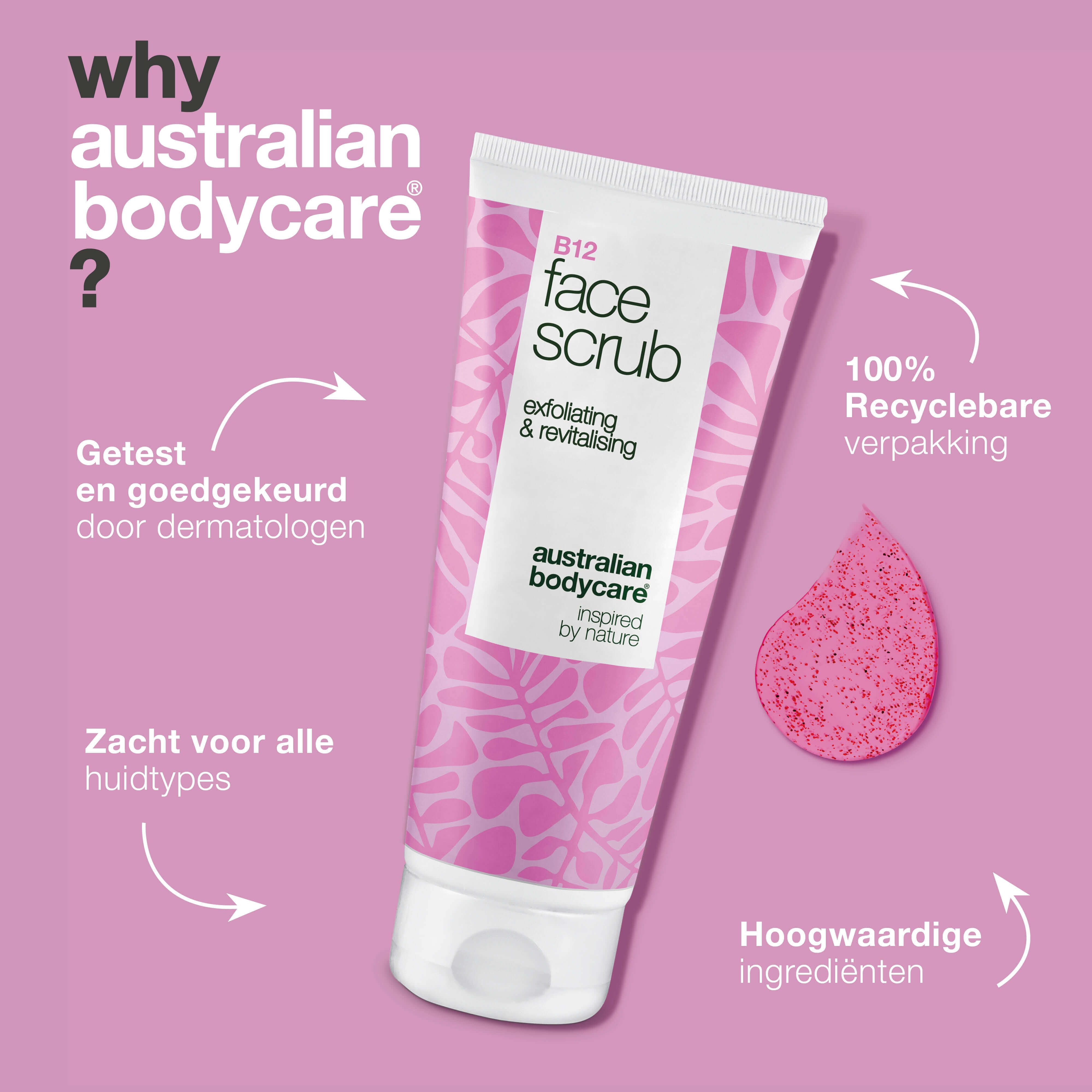 Tube scrub, tekst, logo, roze achtergrond. Spons.