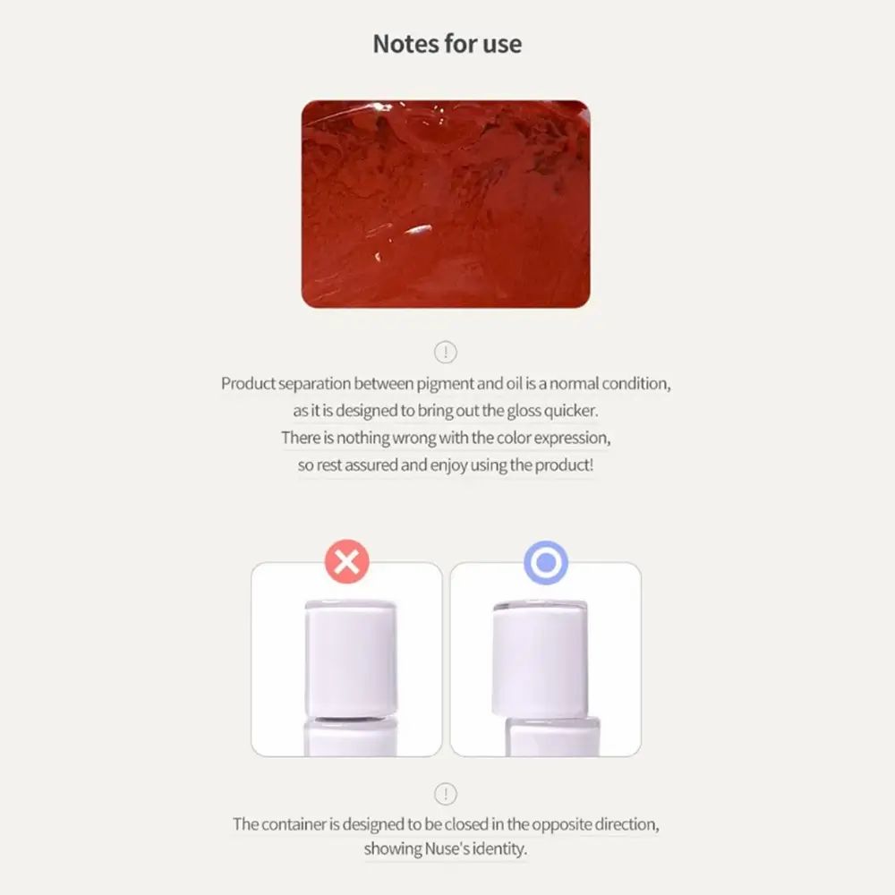 Gebruiksaanwijzingen. Illustratie van lipglosskleur en twee containerweergaven met tekst.