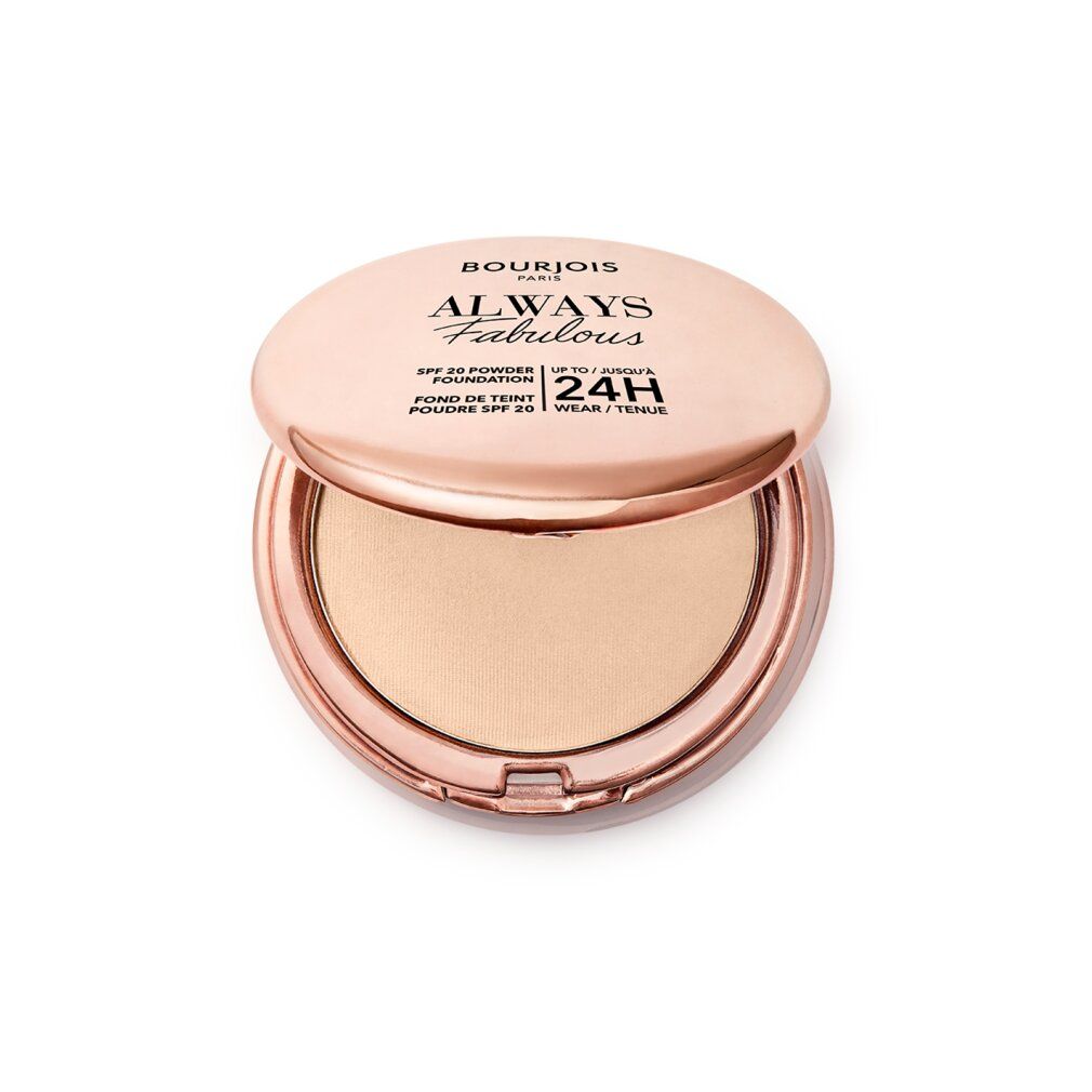 Poudre compacte Always Fabulous de Bourjois. Boîtier rond rose avec miroir. Poudre de teinte claire. Inscription: Always Fabulous, SPF 20, 24H.