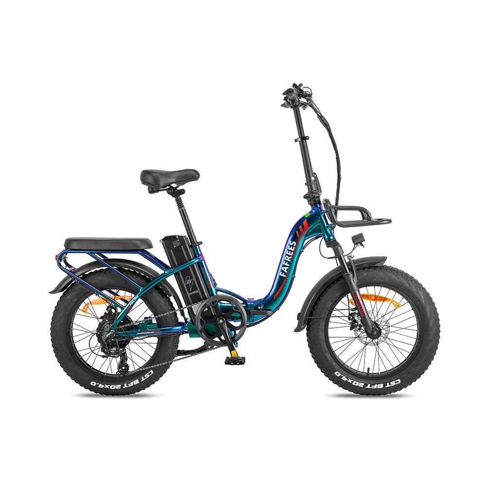 Vélo électrique pliable Fafrees. Pneus larges, noir, bleu, vert. Panier, porte-bagages, garde-boue. Batterie sur cadre.