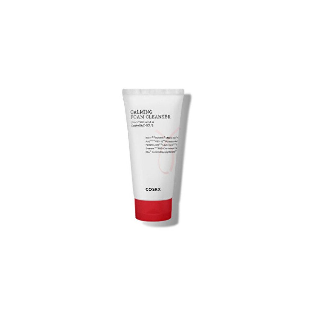 Tube blanc à base rouge. Inscription: CALMING FOAM CLEANSER. Marque: COSRX.