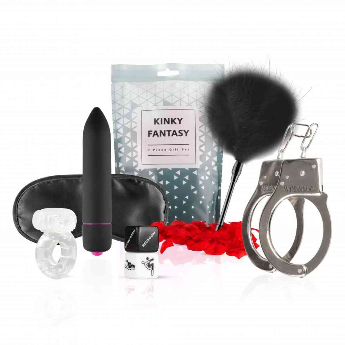 Ensemble comprenant un vibromasseur noir, un masque pour les yeux, des menottes, une plume, une bague et un sac cadeau "Kinky Fantasy".