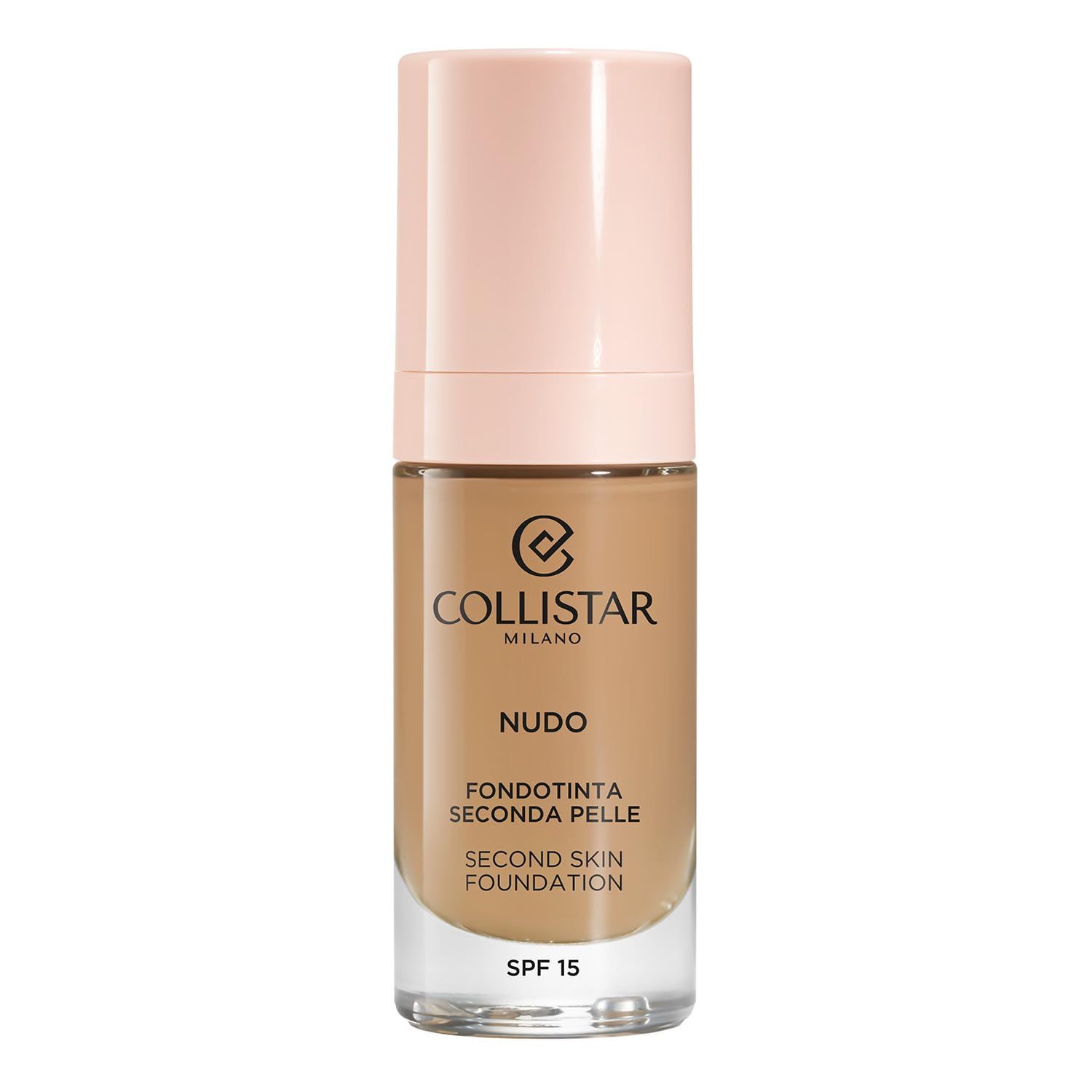 Flesje Collistar Nudo Seconda Pelle foundation. Beige inhoud, roze pomp. Tekst: Nudo, Second Skin Foundation, SPF 15.