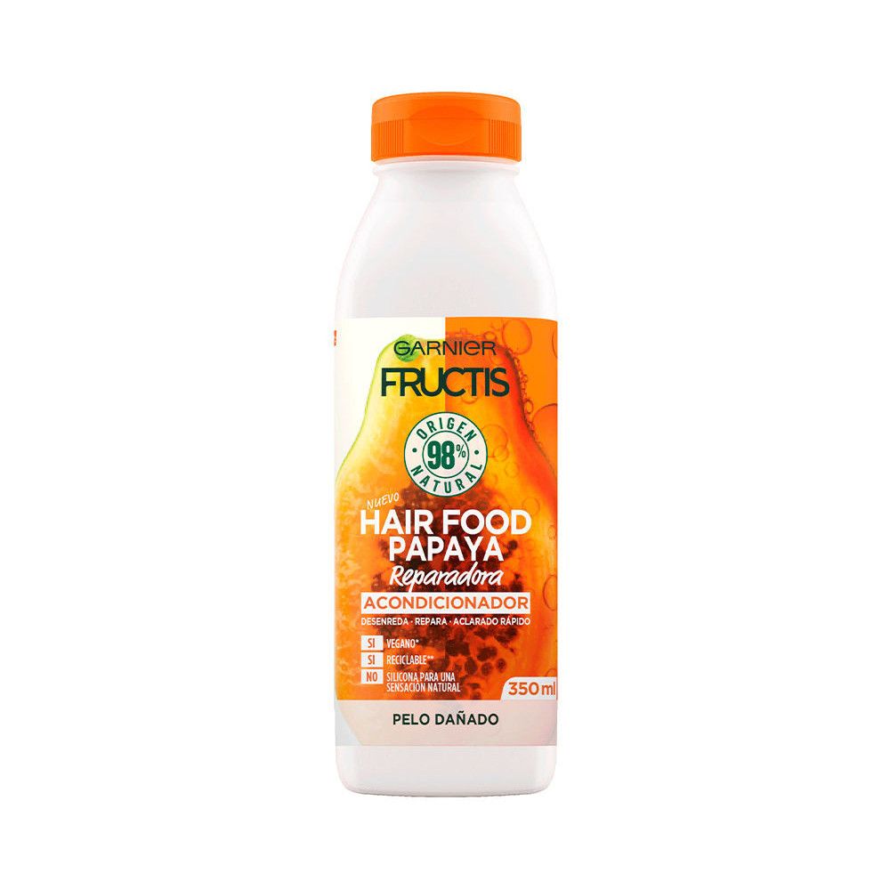 Bouteille blanche avec bouchon orange. Inscription: Garnier Fructis Hair Food Papaya Reparateur Conditioner. 350ml.