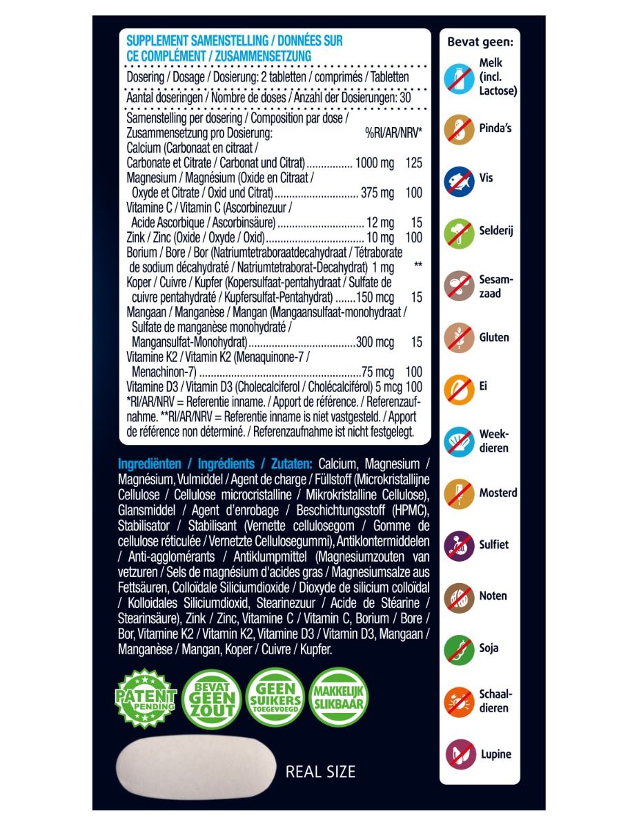 Achterkant verpakking Lucovitaal Calcium Magnesium Bot Formule. Bevat voedingsinformatie en ingrediënten. Vrij van allergenen.