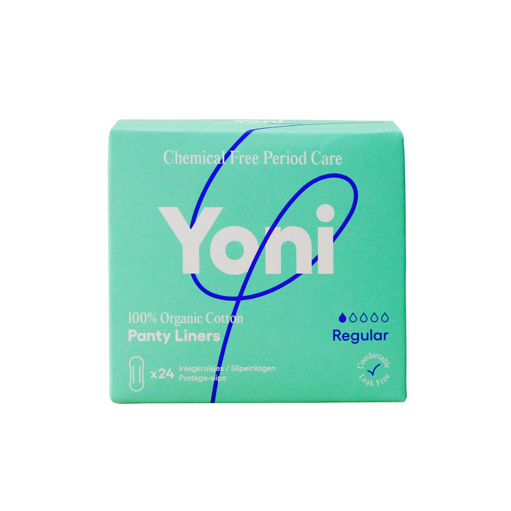 Boîte verte de protège-slips Yoni. Inscription : 100% coton bio. Régulier. 24 pièces.