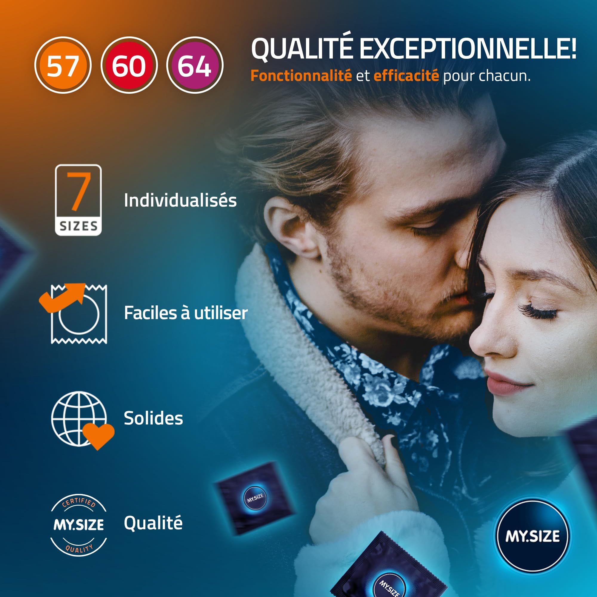Trois boîtes de préservatifs MY.SIZE Classic, tailles 57, 60 et 64, avec marquage CE.