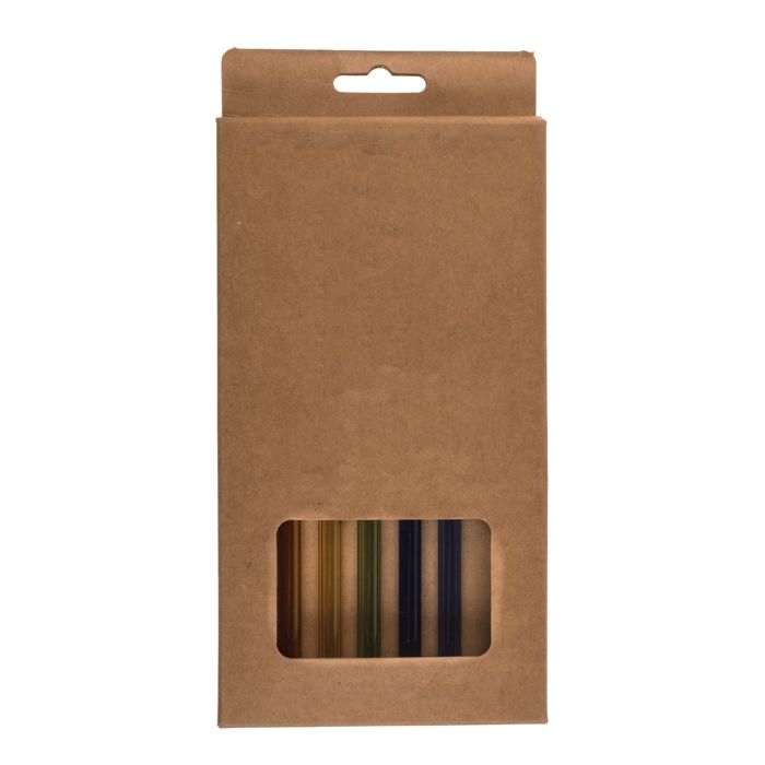 Kartonnen verpakking met venster. Zes gekleurde glazen rietjes zichtbaar. Kleuren: geel, groen, blauw.