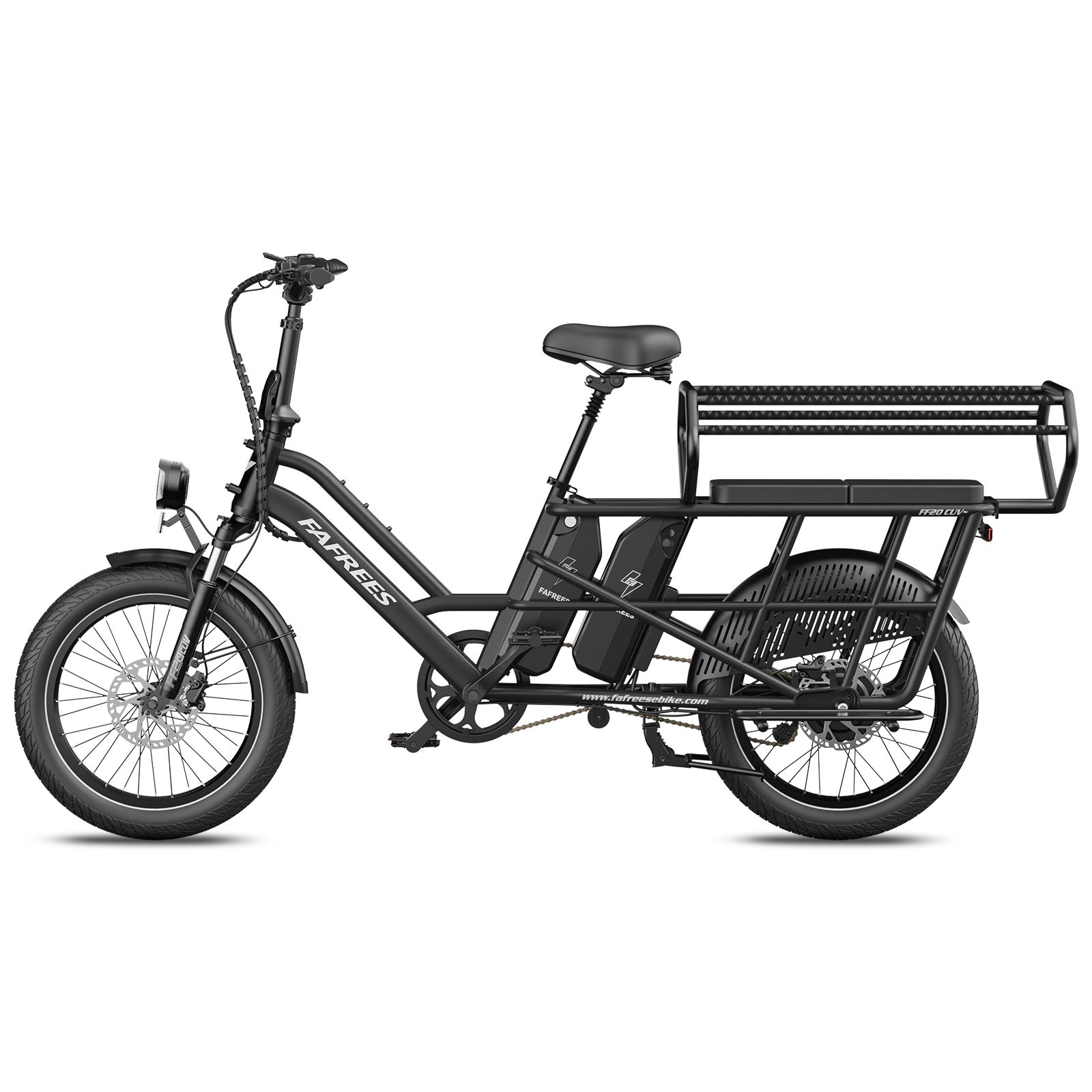 Vélo électrique Fafrees FF20 CUV noir, deux batteries, grand porte-bagages, phare avant.